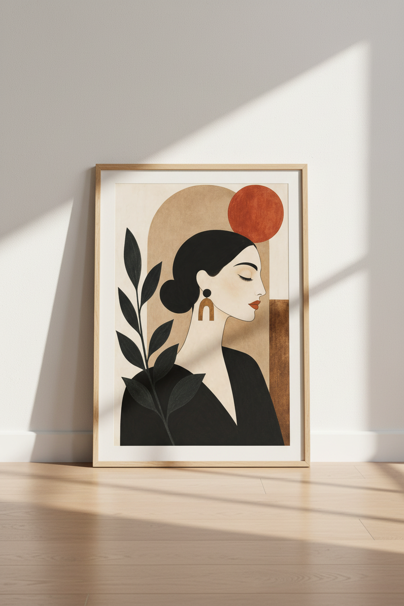 boho wall art print | Abstract femme portrait, earthy tones living room decor