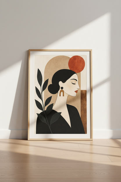 boho wall art print | Abstract femme portrait, earthy tones living room decor