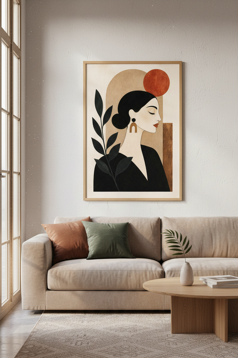 boho wall art print | Abstract femme portrait, earthy tones living room decor