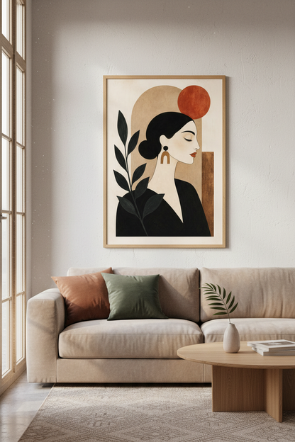 boho wall art print | Abstract femme portrait, earthy tones living room decor