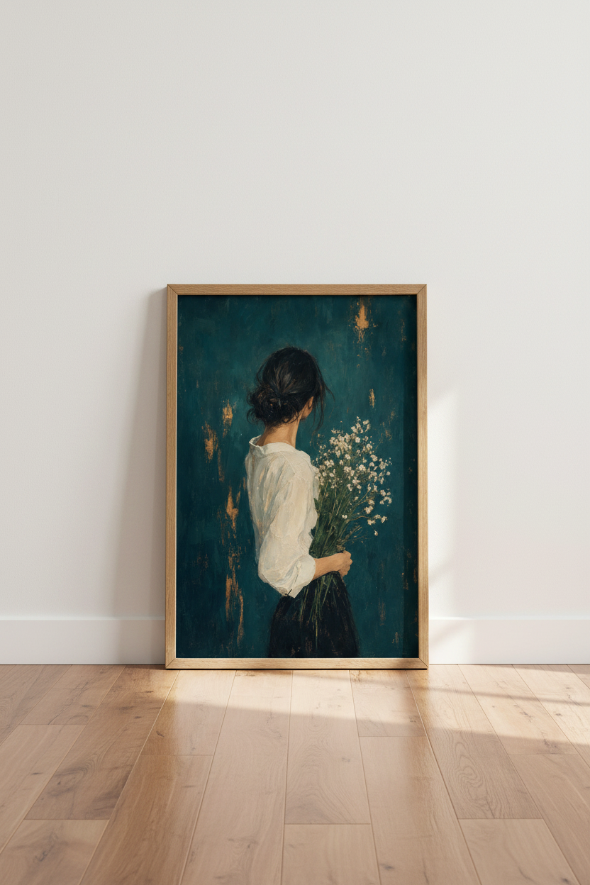 Moody Woman with Flowers Art Print | Teal &amp; Gold Portrait | Bedroom Wall Decor
