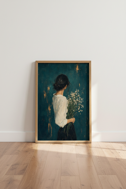 Moody Woman with Flowers Art Print | Teal &amp; Gold Portrait | Bedroom Wall Decor