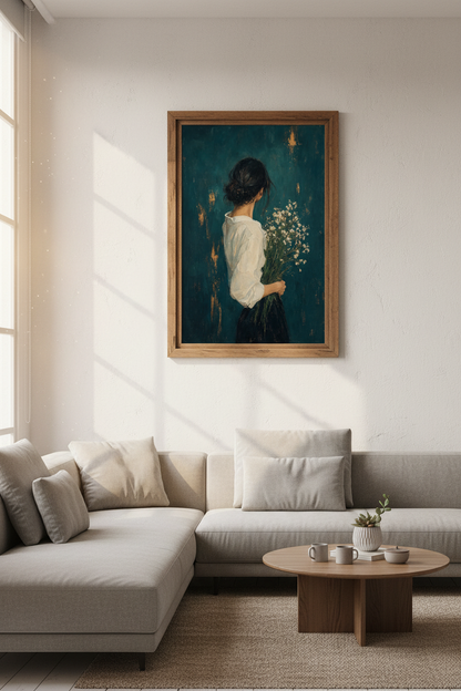 Moody Woman with Flowers Art Print | Teal &amp; Gold Portrait | Bedroom Wall Decor