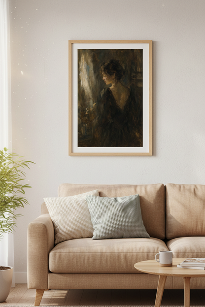 moody figure art | Oil-inspired, muted browns | Living room decor