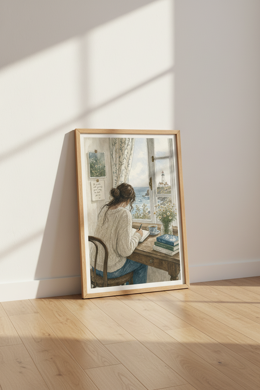 Cozy Writer by Sea | Coastal Watercolor Decor, Lighthouse Art Poster