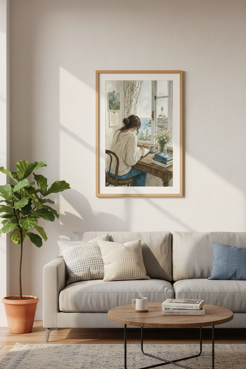 Cozy Writer by Sea | Coastal Watercolor Decor, Lighthouse Art Poster