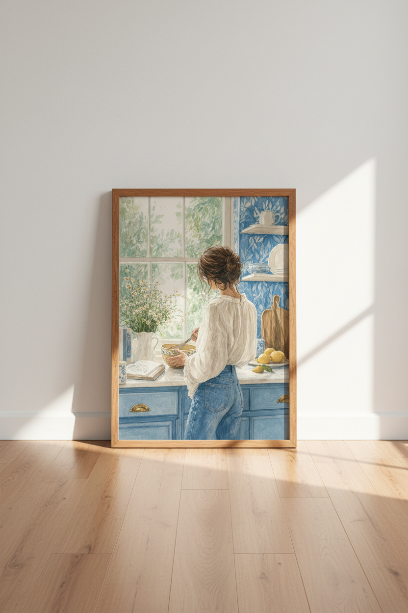 Cottagecore Woman Baking | Blue Watercolor Kitchen Art, Farmhouse Decor