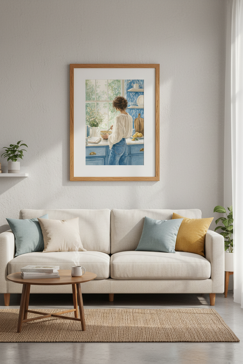 Cottagecore Woman Baking | Blue Watercolor Kitchen Art, Farmhouse Decor