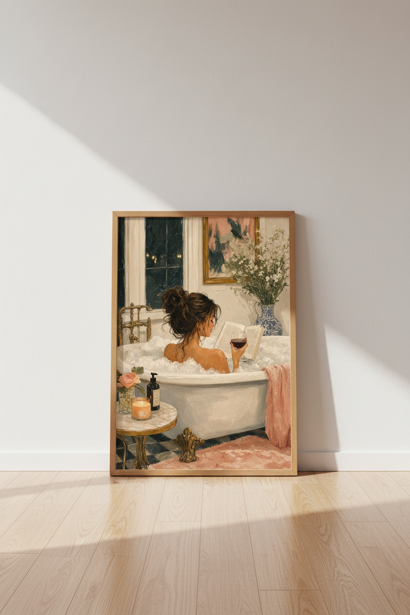 Woman in Bathtub Wall Art | Oil Painting Wine &amp; Book, Bathroom Decor Aesthetic Poster