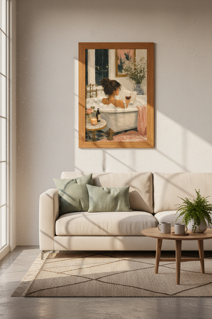 Woman in Bathtub Wall Art | Oil Painting Wine &amp; Book, Bathroom Decor Aesthetic Poster