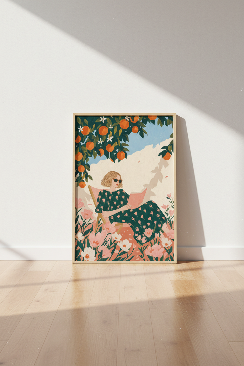Woman Reading in Orange Grove Art | Mediterranean Garden Poster, Living Room Decor