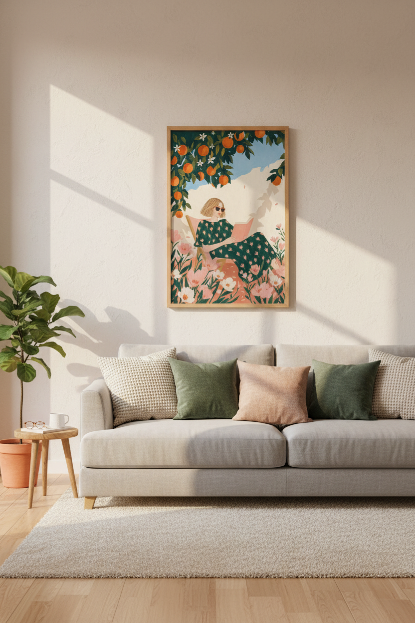 Woman Reading in Orange Grove Art | Mediterranean Garden Poster, Living Room Decor