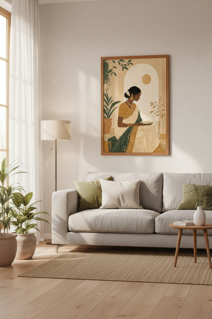 Indian Woman Saree Portrait | Earthy Minimalist Wall Art, Boho Bedroom Decor