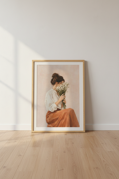 Woman with Flowers Oil Painting | Warm Boho Decor, Romantic Wall Art Print