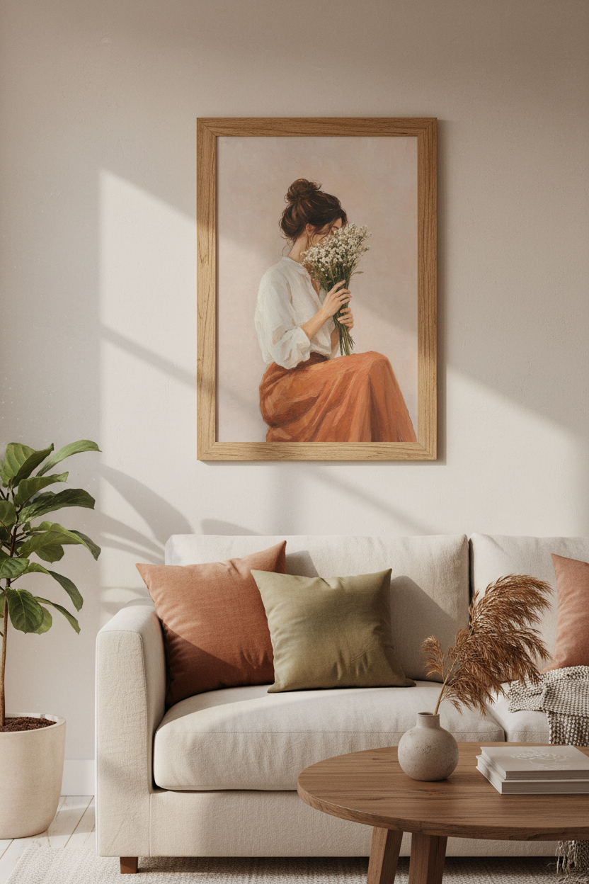 Woman with Flowers Oil Painting | Warm Boho Decor, Romantic Wall Art Print