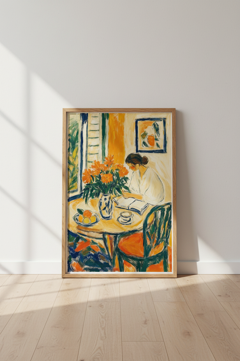 Woman Reading at Table Art | Impressionist Orange Flower Print, Kitchen Poster