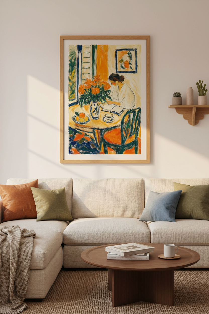Woman Reading at Table Art | Impressionist Orange Flower Print, Kitchen Poster