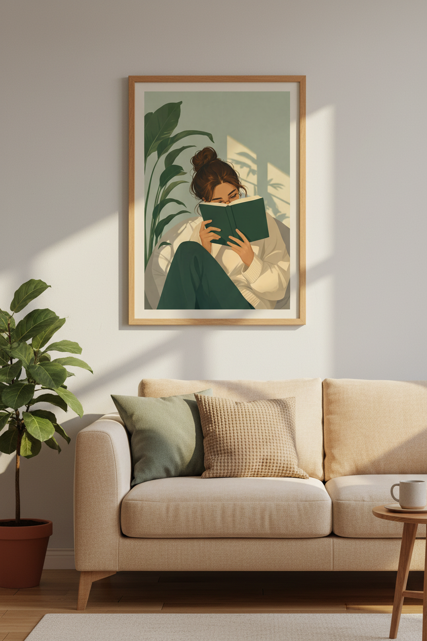 Reading Girl Wall Art | Sage Green Bookish Decor | Cozy Librarian Poster