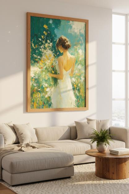Impressionist Woman with Flowers Wall Art | Teal and Gold Decor | Summer Meadow Poster