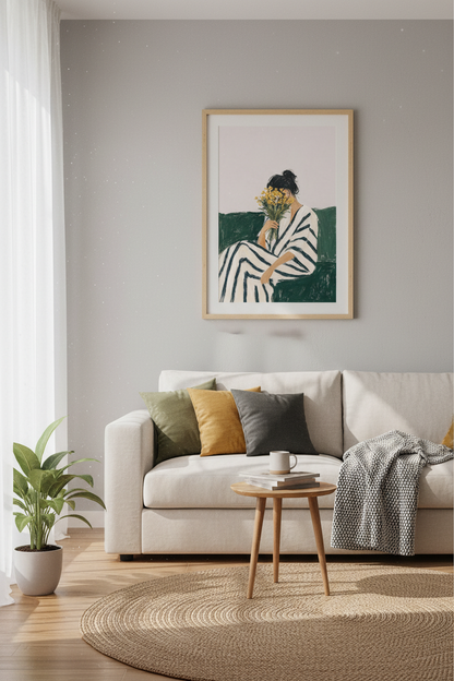 Woman with Flowers Art Print | Striped Decor | Impressionist Poster