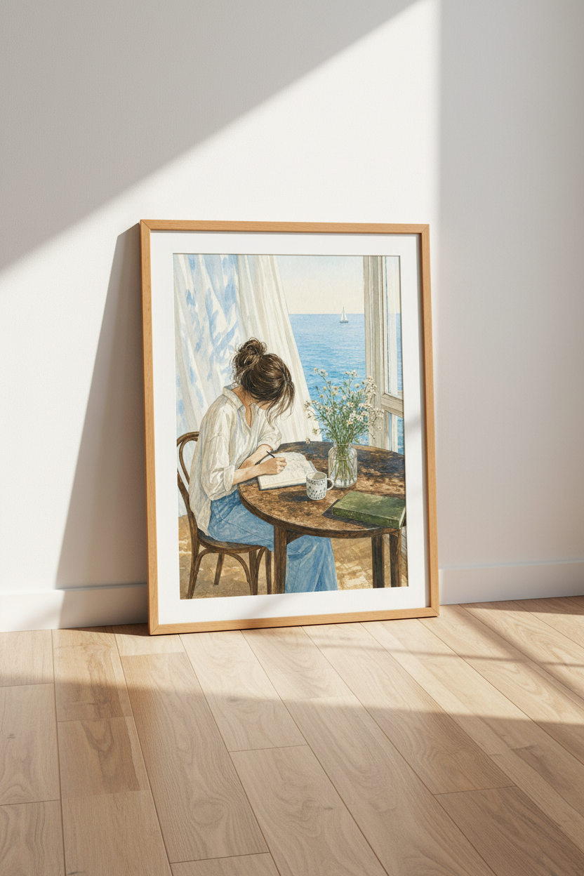 Girl Writing by Ocean Watercolor Print | Coastal Decor | Peaceful Aesthetic Art