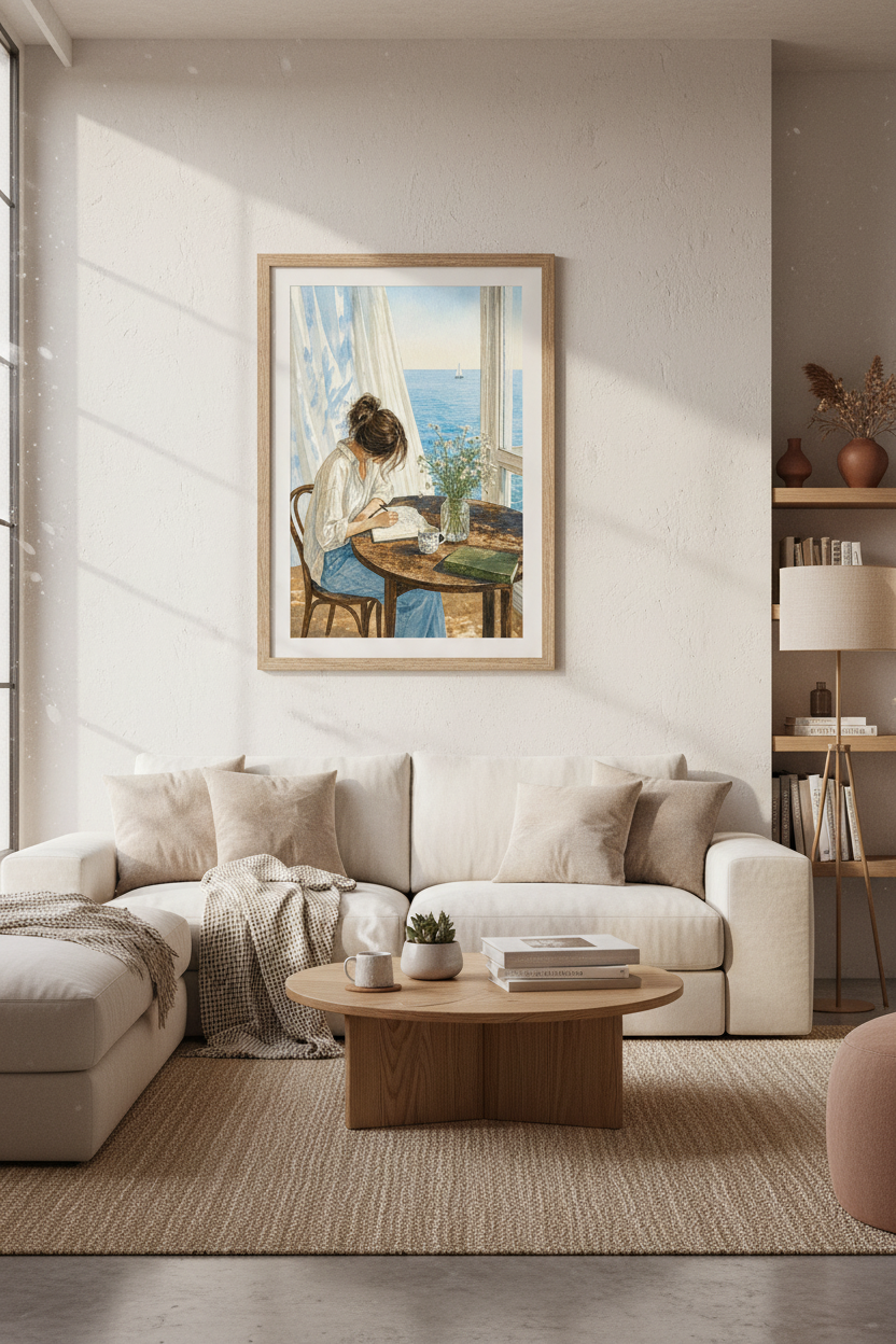 Girl Writing by Ocean Watercolor Print | Coastal Decor | Peaceful Aesthetic Art