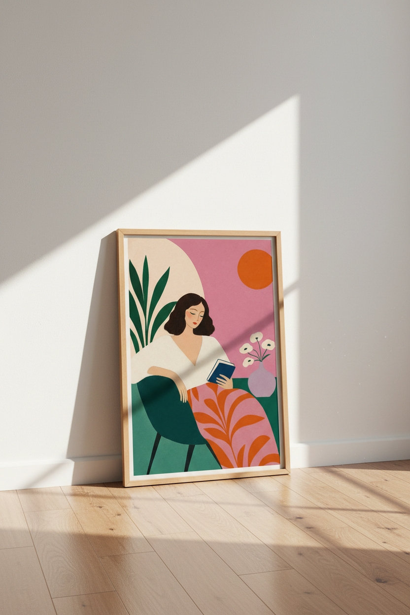 Reading Woman Wall Art | Colorful Pink &amp; Orange Modern Decor | Book Lover Poster