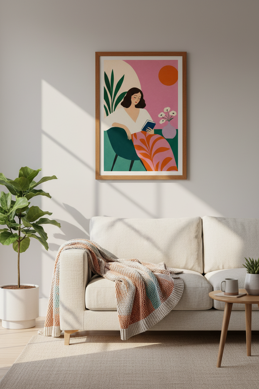 Reading Woman Wall Art | Colorful Pink &amp; Orange Modern Decor | Book Lover Poster
