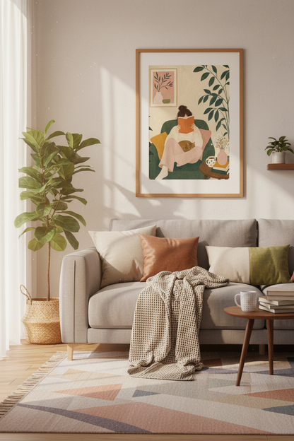 Woman Reading with Cat Wall Art | Cozy Botanical Illustration, Home Library Decor