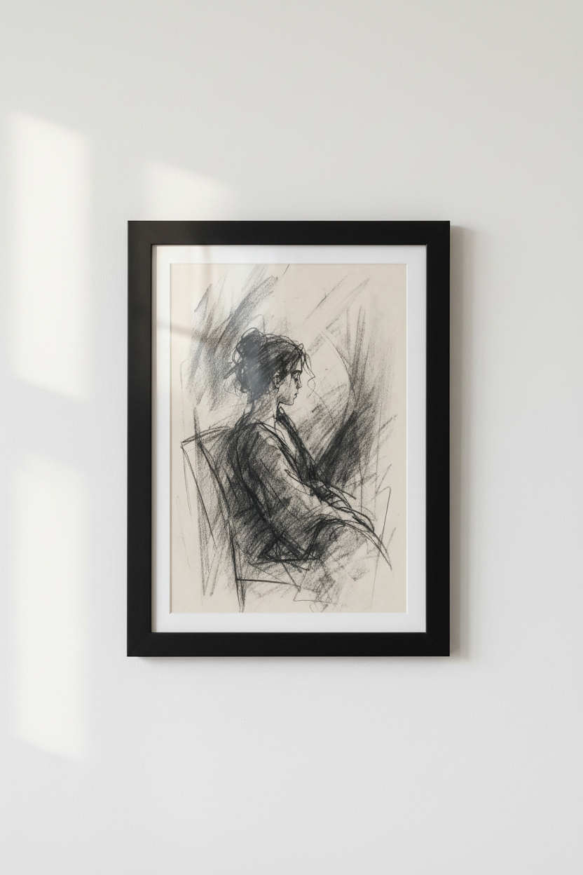 Charcoal Woman Portrait Sketch | Moody Dark Academia Art, Minimalist Bedroom Wall Decor