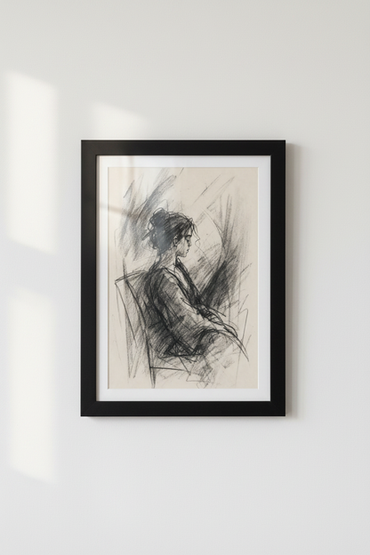 Charcoal Woman Portrait Sketch | Moody Dark Academia Art, Minimalist Bedroom Wall Decor