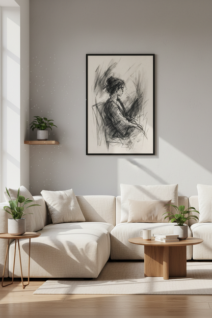 Charcoal Woman Portrait Sketch | Moody Dark Academia Art, Minimalist Bedroom Wall Decor