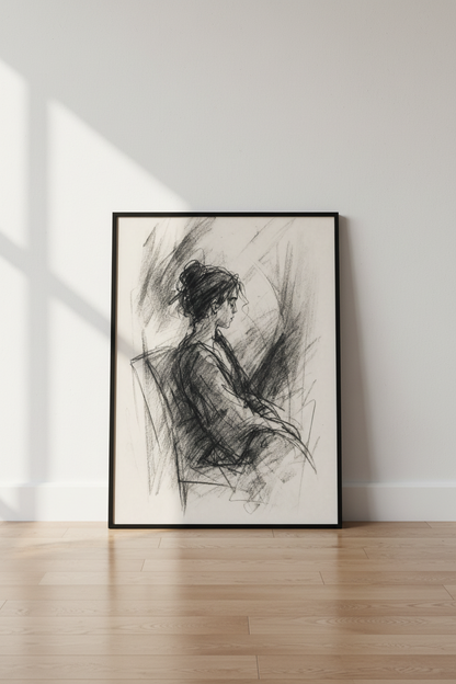 Charcoal Woman Portrait Sketch | Moody Dark Academia Art, Minimalist Bedroom Wall Decor