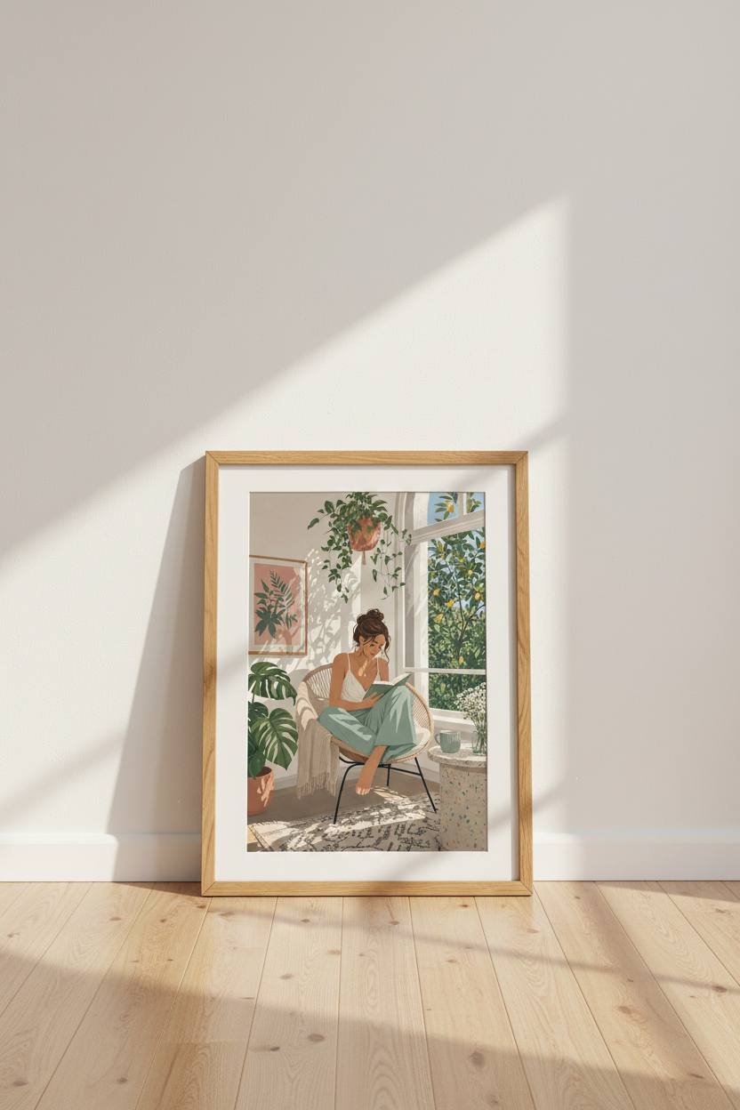 Reading Girl Wall Art Print | Cozy Botanical Room Decor | Aesthetic Bookish Poster