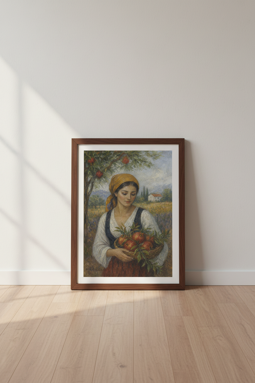 Fruit Basket Art | Impressionist Hues, Rustic Reds | Living Room Decor