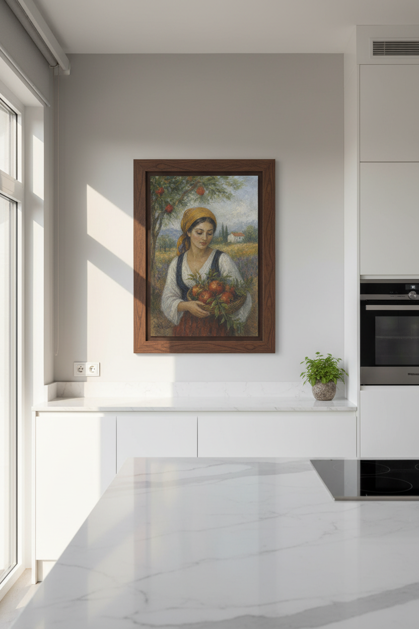 Fruit Basket Art | Impressionist Hues, Rustic Reds | Living Room Decor
