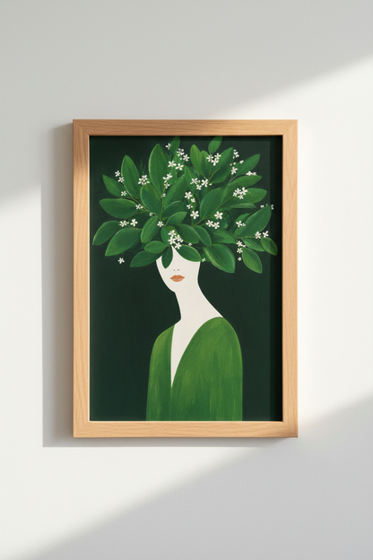 Green Leaf Wall Art | Modern Surreal Portrait, Emerald Hues | Living Room Decor