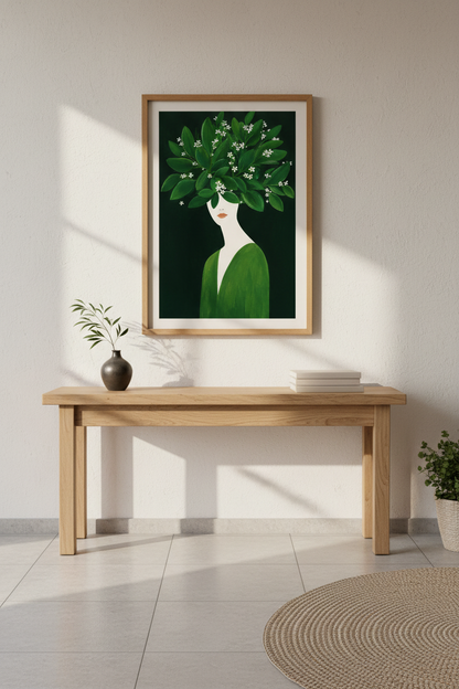 Green Leaf Wall Art | Modern Surreal Portrait, Emerald Hues | Living Room Decor