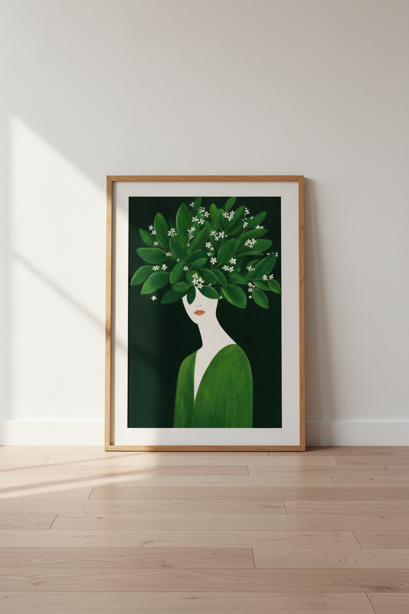 Green Leaf Wall Art | Modern Surreal Portrait, Emerald Hues | Living Room Decor