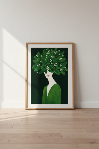 Green Leaf Wall Art | Modern Surreal Portrait, Emerald Hues | Living Room Decor
