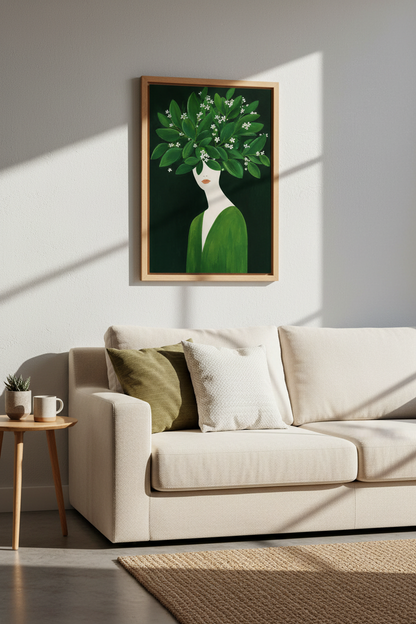 Green Leaf Wall Art | Modern Surreal Portrait, Emerald Hues | Living Room Decor