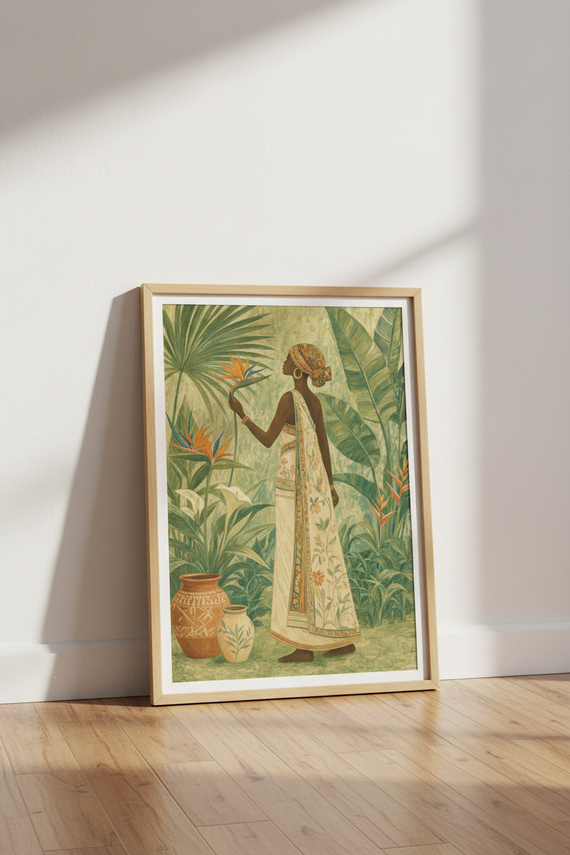 African Woman in Jungle Art Print | Earthy Botanical Decor | Tropical Portrait Poster