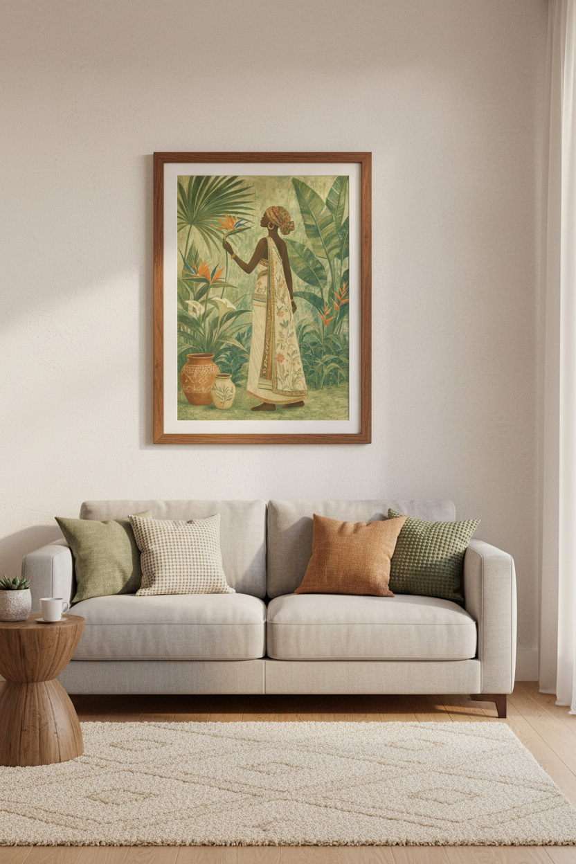 African Woman in Jungle Art Print | Earthy Botanical Decor | Tropical Portrait Poster