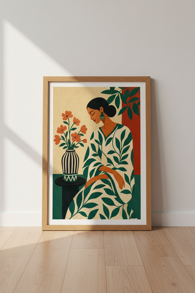 Folk Art Floral Woman Print | Boho Botanical Wall Art, Modern Living Room Decor