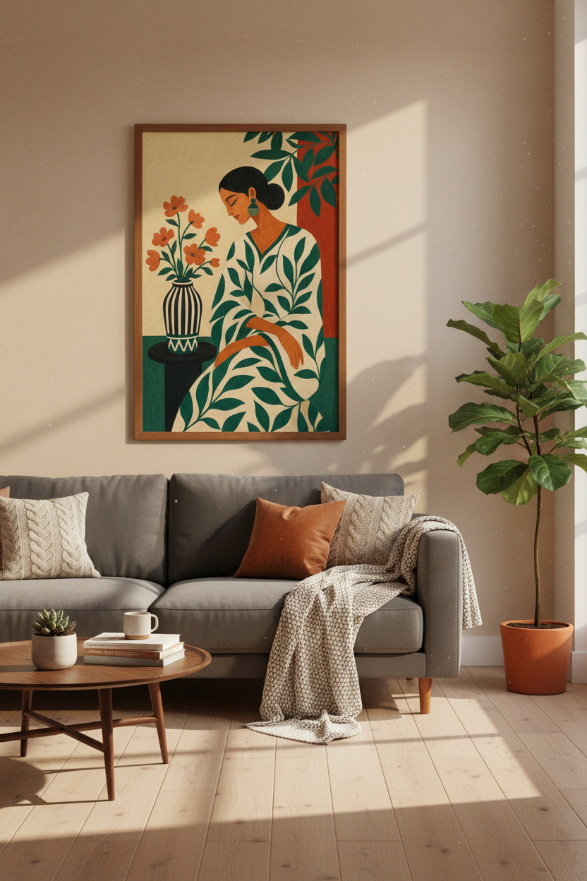 Folk Art Floral Woman Print | Boho Botanical Wall Art, Modern Living Room Decor