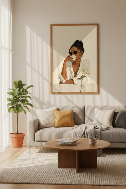 Chic Woman Drinking Coffee Wall Art | Beige Minimalist Decor | Fashion Poster