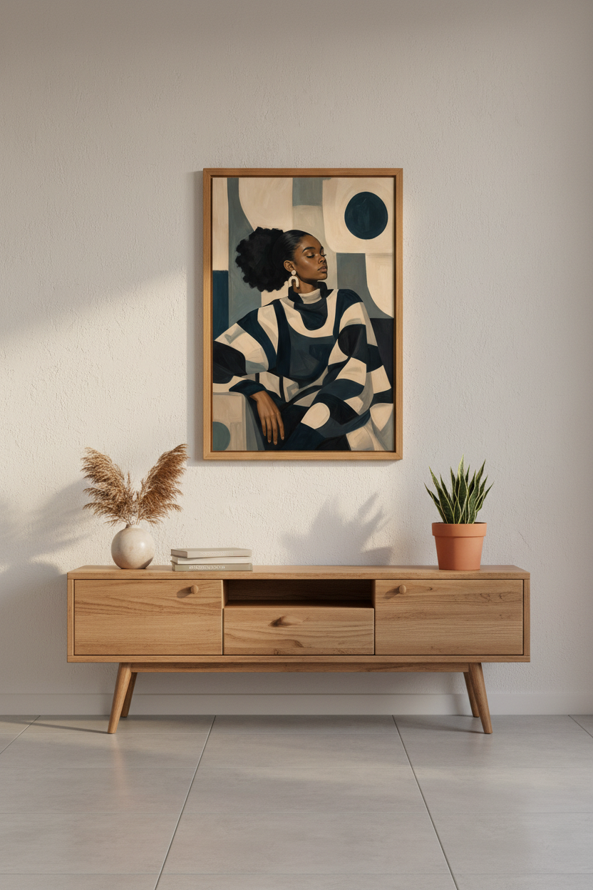 Geometric Portrait | Navy Beige Palette, Living Room Decor