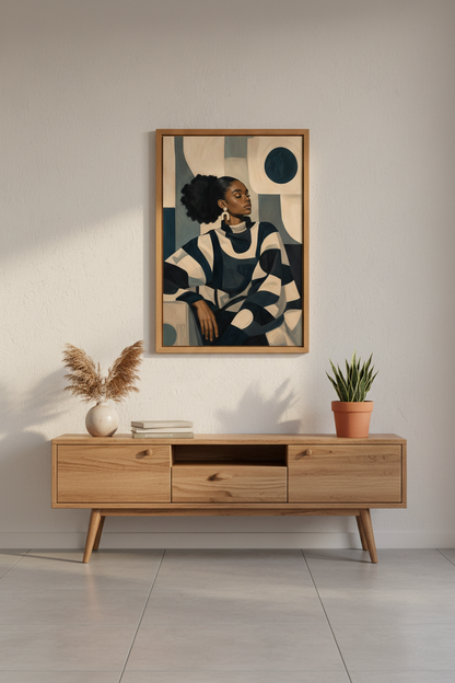Geometric Portrait | Navy Beige Palette, Living Room Decor