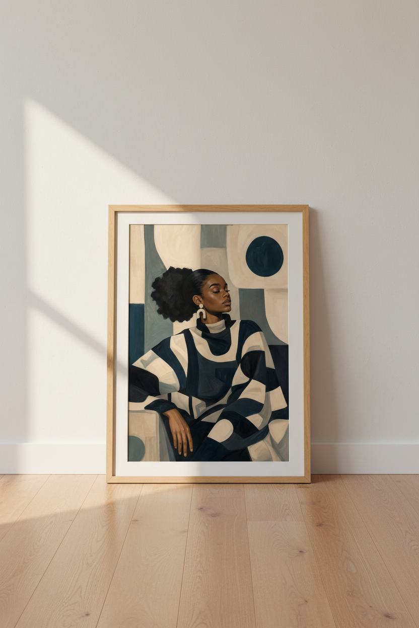 Geometric Portrait | Navy Beige Palette, Living Room Decor