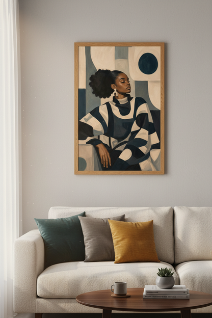 Geometric Portrait | Navy Beige Palette, Living Room Decor